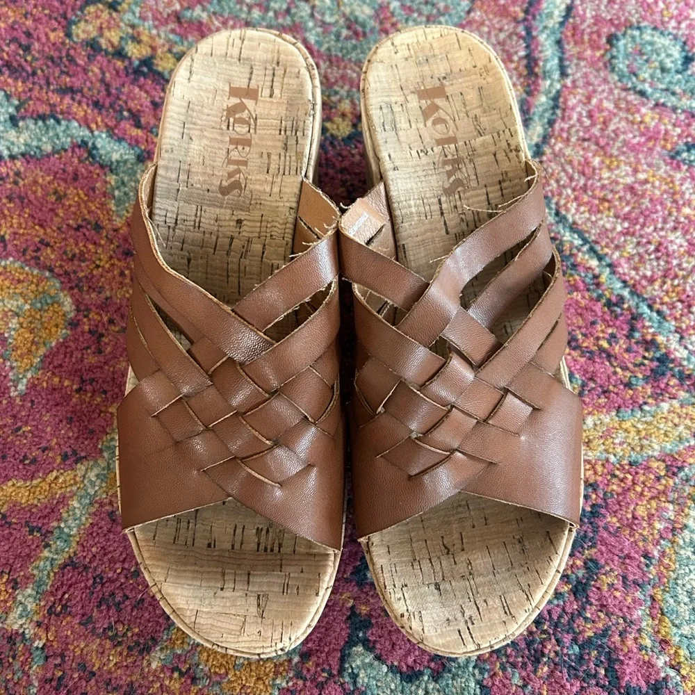 Korks | Women’s Cognac Brown Woven Leather Bridge Strap Slip On Cork Wedges Sz 9